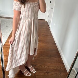 Show me your Mumu off the shoulder smocked high low dress